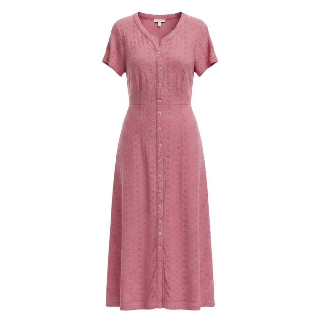 Victoria Holley Vintage Pink Rayon eyelet lace Button Front Midi Dress 6P